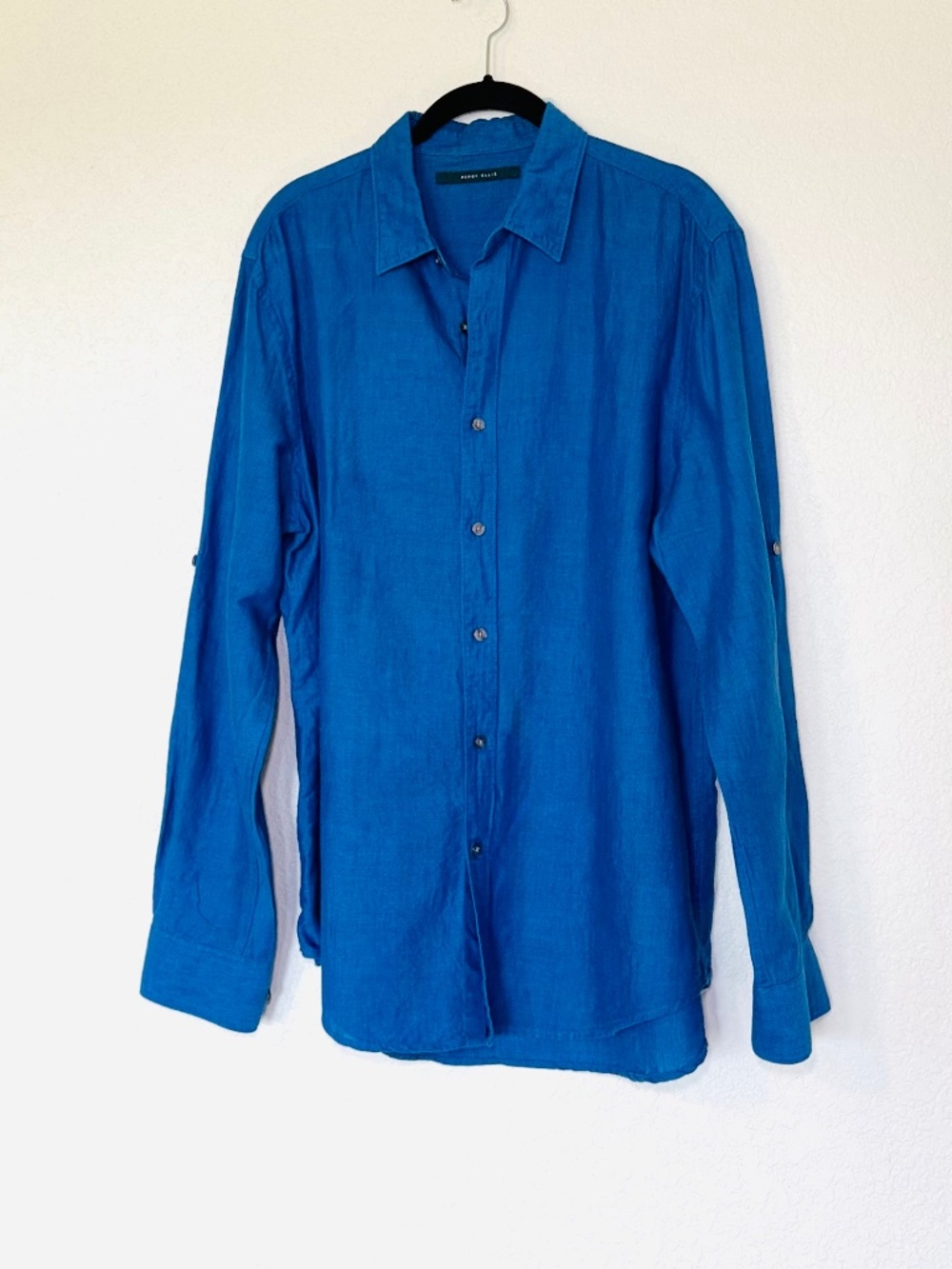 Perry Ellis Button Down Shirt Mens L Vibrant Blue Linen Cotton Beach Coastal